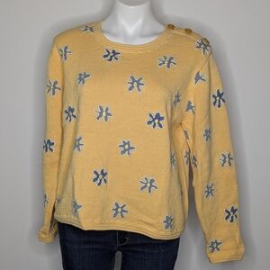 Vintage Orvis Yellow Blue White Knit Floral Long Sleeve Sweater L